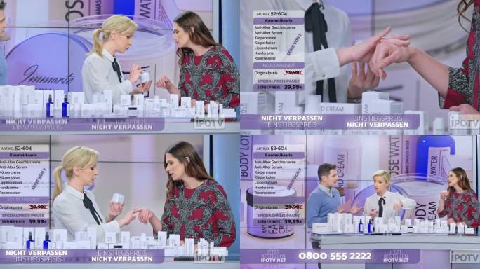 德语信息商业蒙太奇：在一个信息商业节目中，一位女士展示了一条化妆品线，在与男主持人交谈并解释产品时，