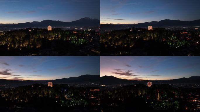 丽江狮子山万古楼夜景航拍4k