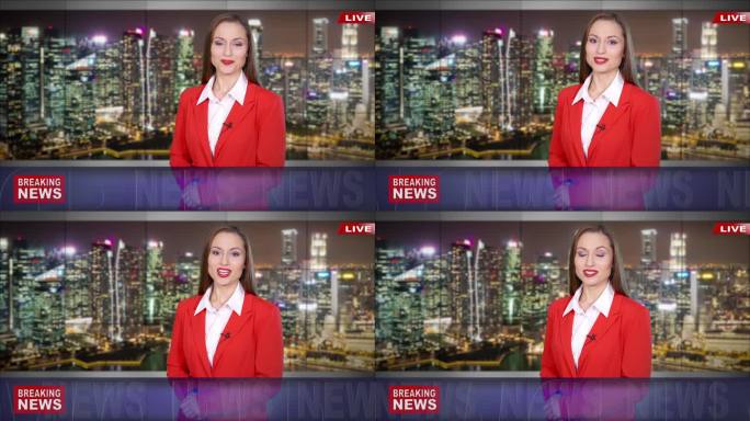 4K视频：女新闻播报员在电视演播室阅读突发新闻-新加坡