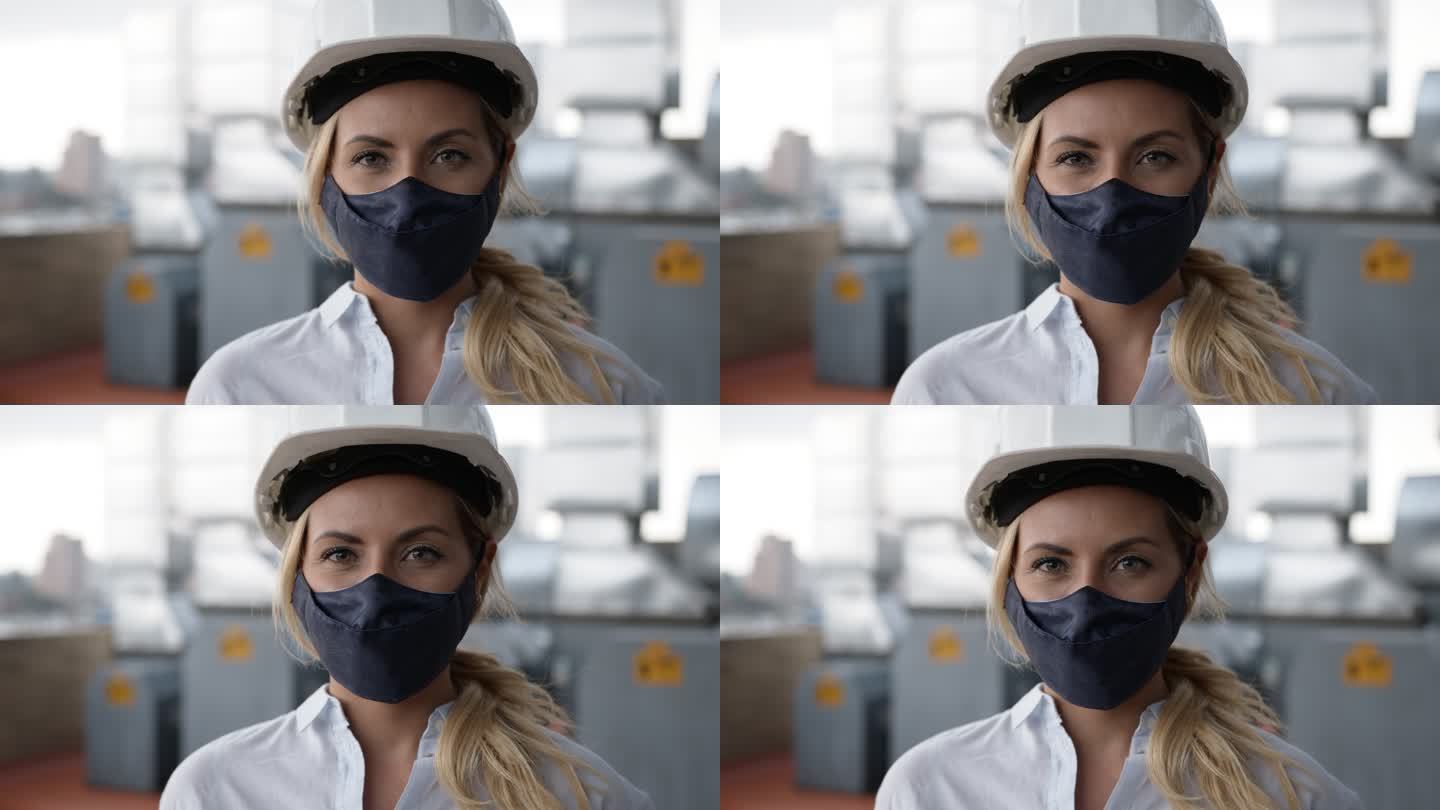 一名工厂的女工程师戴着防护头盔和面罩面对摄像头