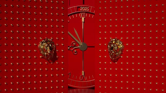古代红色大门缓缓打开 时钟指针2023