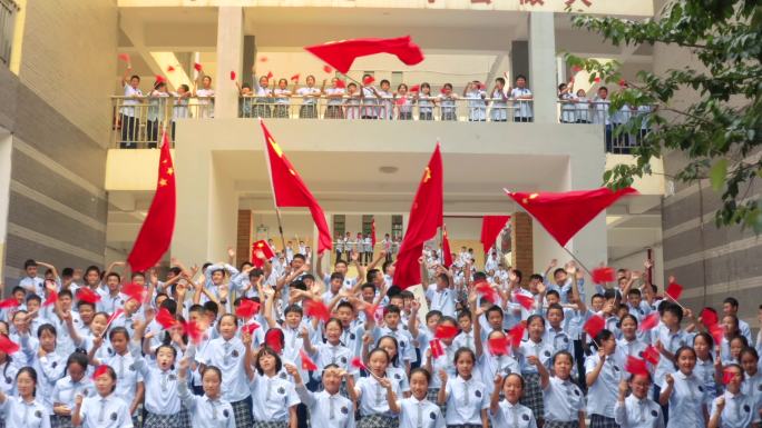 学生 欢庆欢呼 红旗 学校 庆祝 中学生