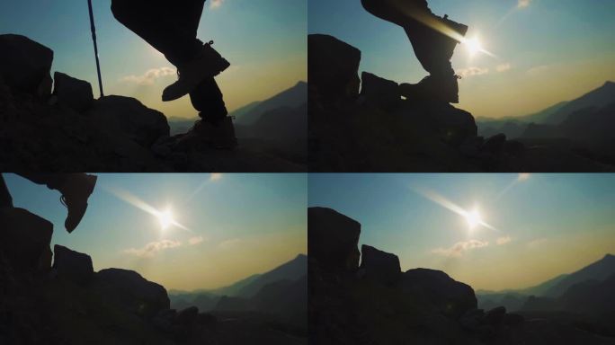 男人登山脚步户外探险旅行者脚步剪影攀登者