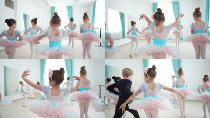 在芭蕾舞课上外国小女孩教室微笑