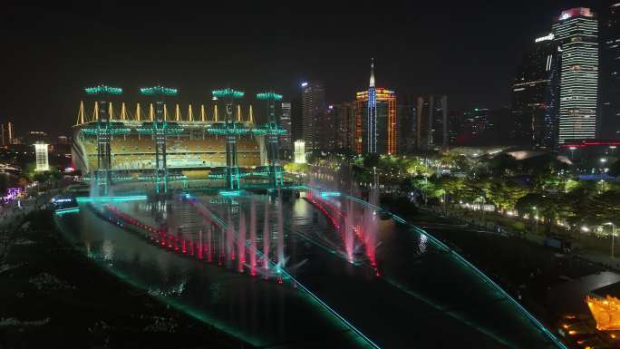 航拍广州海心沙珠江新城喷泉表演灯光秀