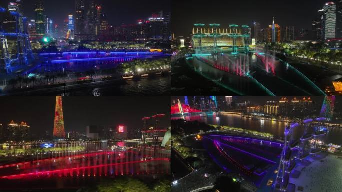 航拍广州海心沙珠江新城喷泉表演灯光秀