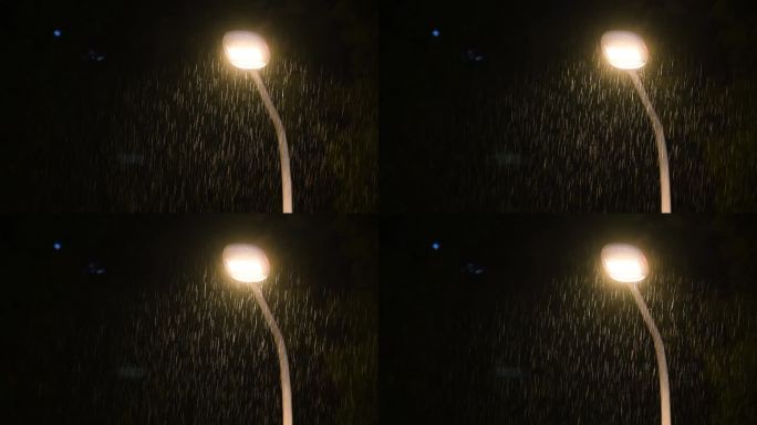 下雨天中路灯亮起雨夜晚景街道特写点亮孤独