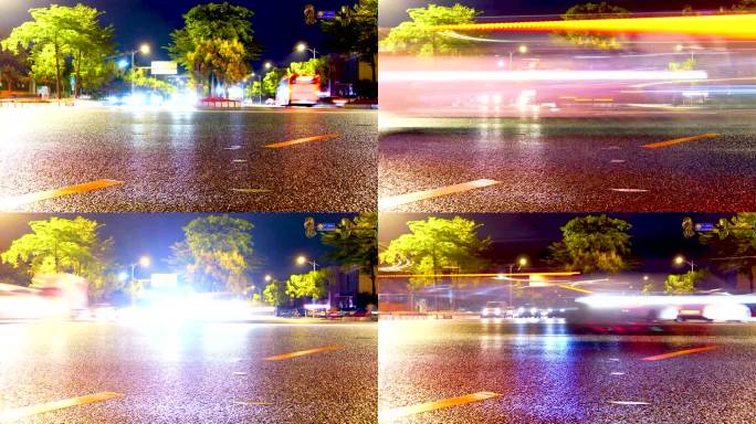 雨后湿润的十字路口车流延时 雨后深夜车流