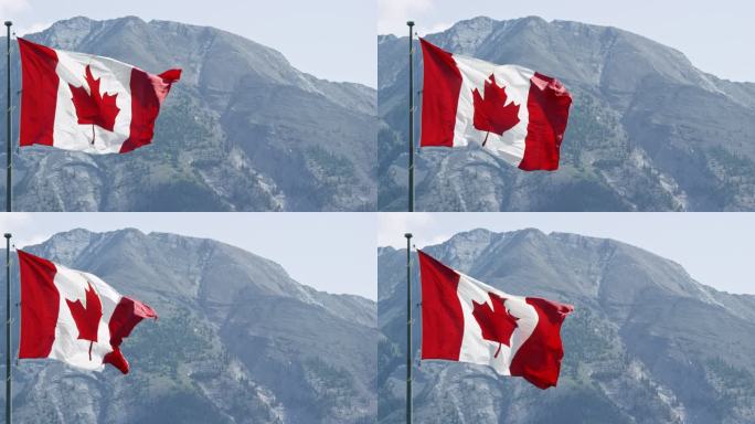 阳光明媚的一天，加拿大国旗随风飘扬，背景是一座山的慢镜头