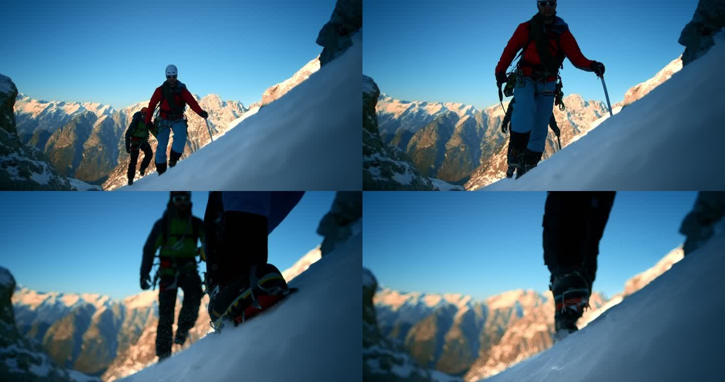 LD SLO MO登山队员向雪山进发