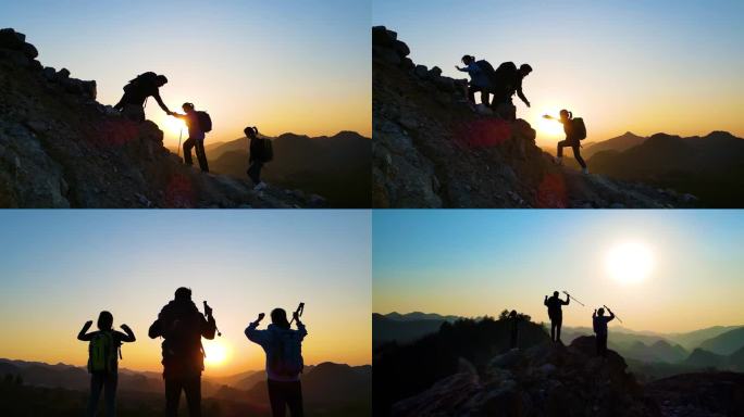 团队手拉手登山攀登者山顶举手欢呼呐喊爬山