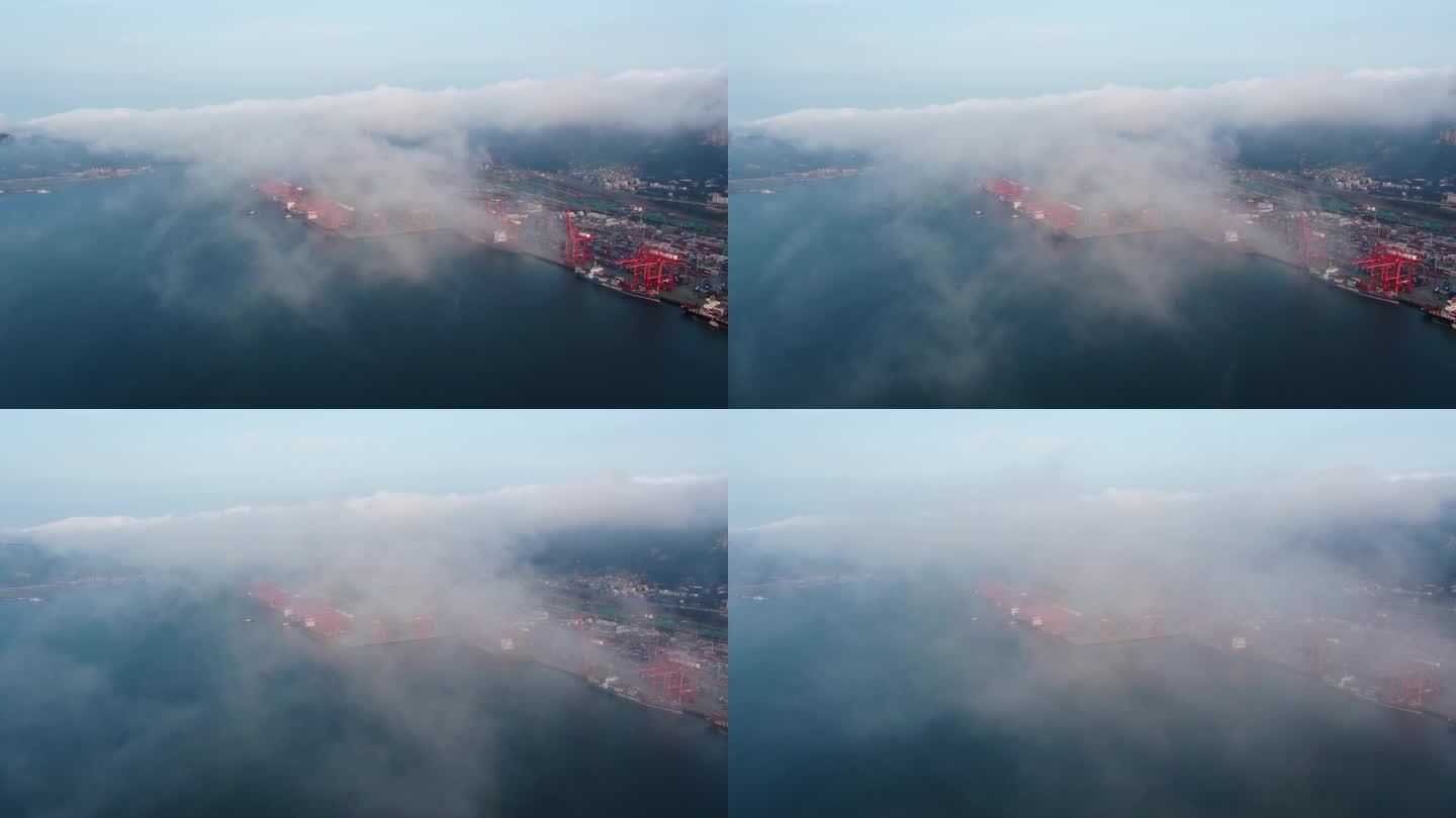 航拍连云港港口码头 穿越云层
