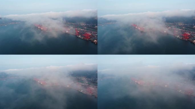 航拍连云港港口码头 穿越云层