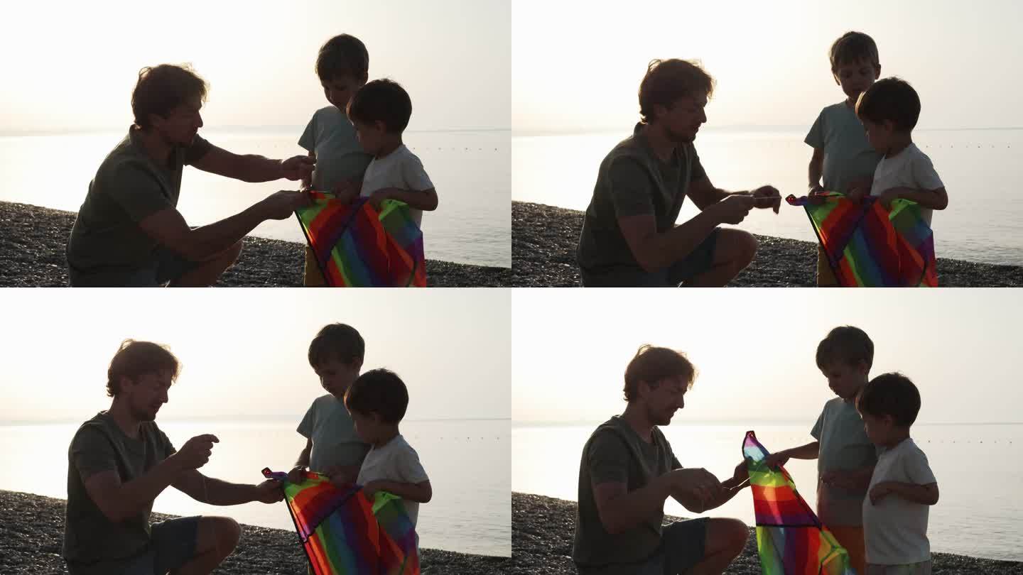 日落时分，年轻的父亲和儿子们一起在海边放风筝。父亲节