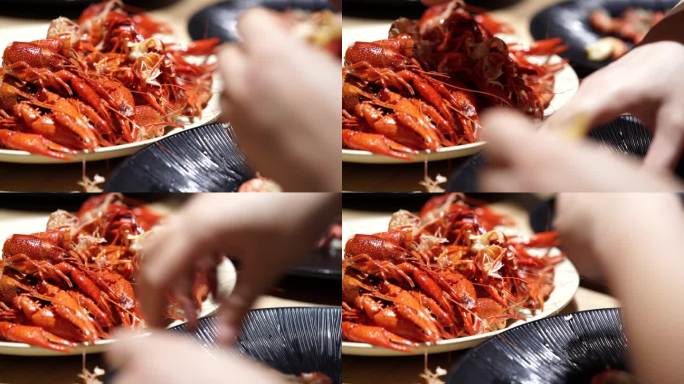剥壳吃吮吸虾黄小龙虾特写餐饮美食中餐