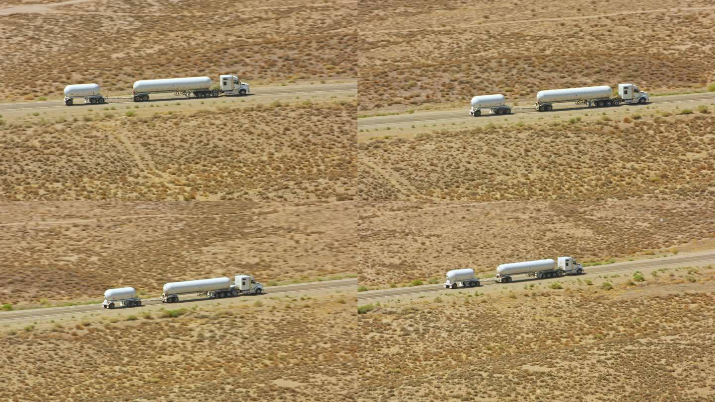 美国内华达州沙漠高速公路上行驶的一辆油罐车
