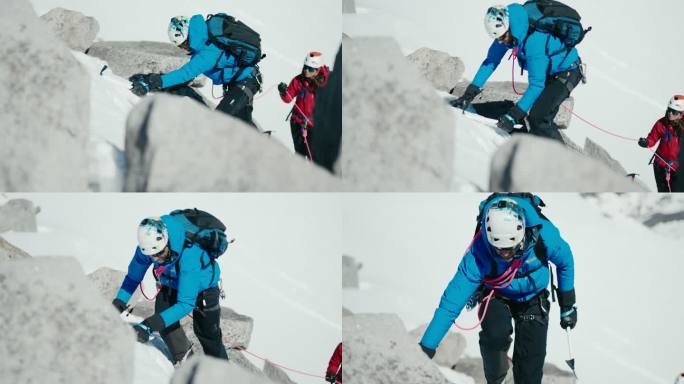 登山者外国人攀登雪山安全绳探险冒险