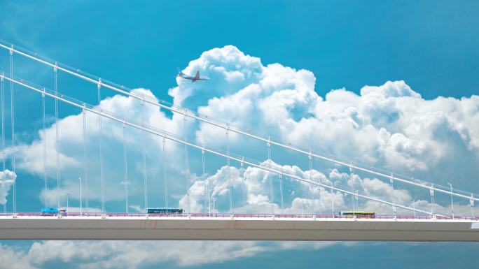 夏天蓝天白云下的大桥桥上的汽车飞机