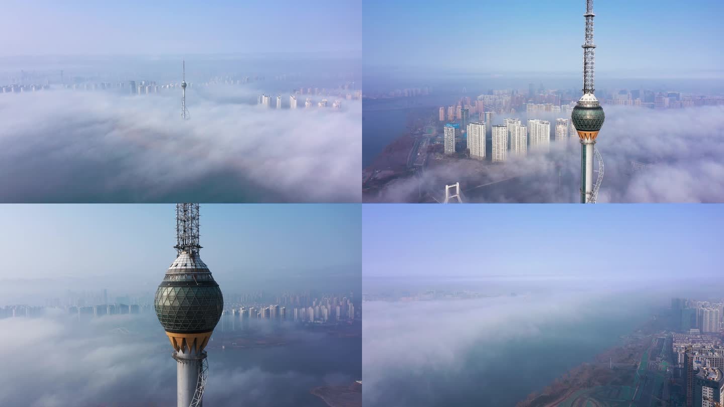 4K临沂航拍沂河三河口平流雾风景