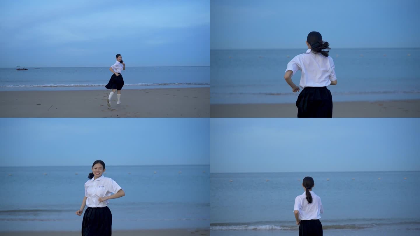 女孩跑向大海回头看海边欢快奔跑的美女青年