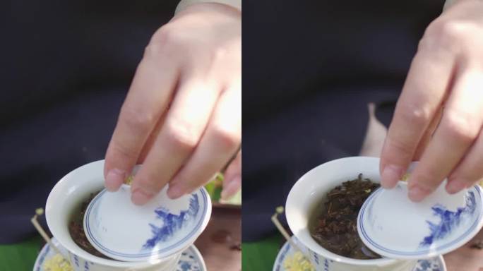 沏茶特写茶文化户外泡桂花茶泡茶桂花乌龙