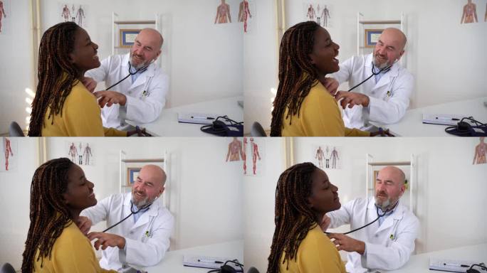 有经验的医生用听诊器检查黑人女性患者