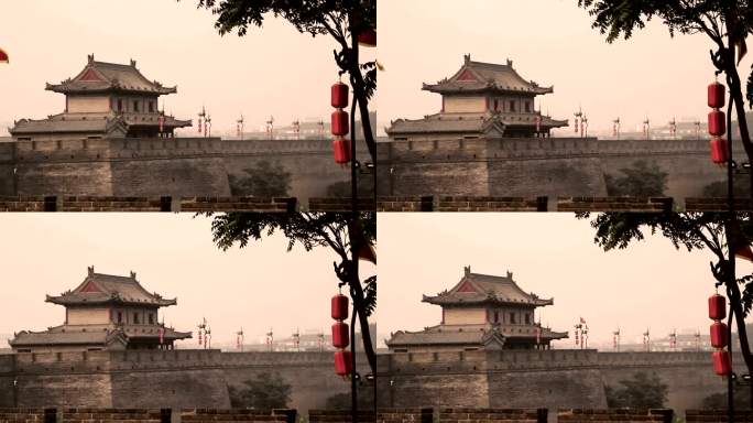 西安城墙古建筑红灯笼古城垣