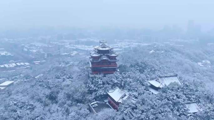 4K航拍杭州吴山城隍阁冬天雪景视频合集