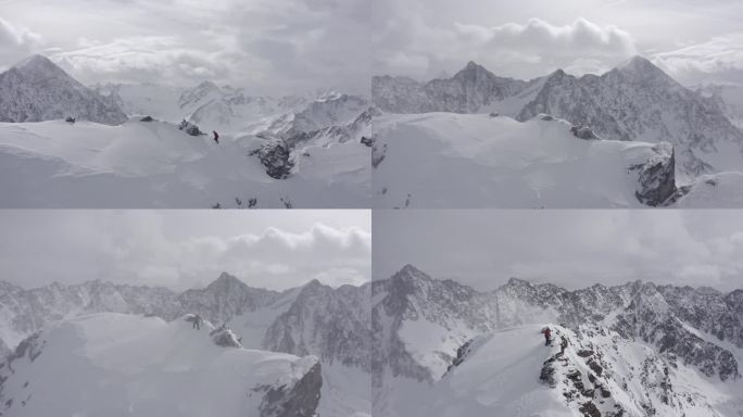在奥地利阿尔卑斯山区，一位登山者走在冰雪覆盖的山脊上，雪迎面而来