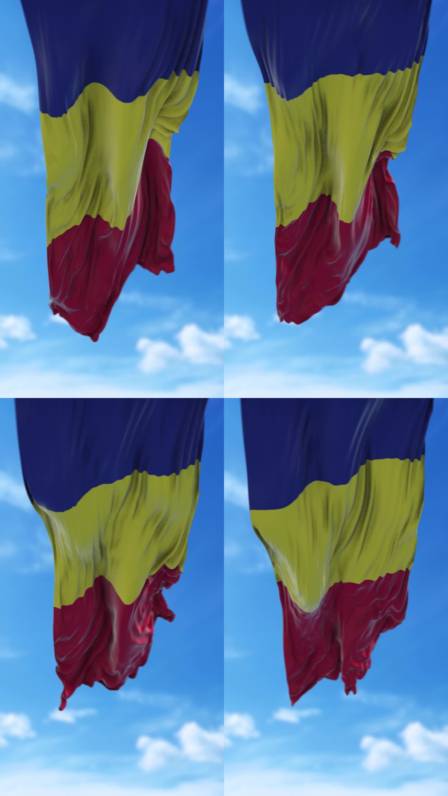 垂直罗马尼亚国旗在4K分辨率的蓝天下缓缓飘扬