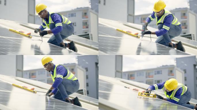 一名年轻人在楼顶安装太阳能电池板时，使用钻头、卷尺和水准仪。一名男子在可再生能源建筑项目中使用工具