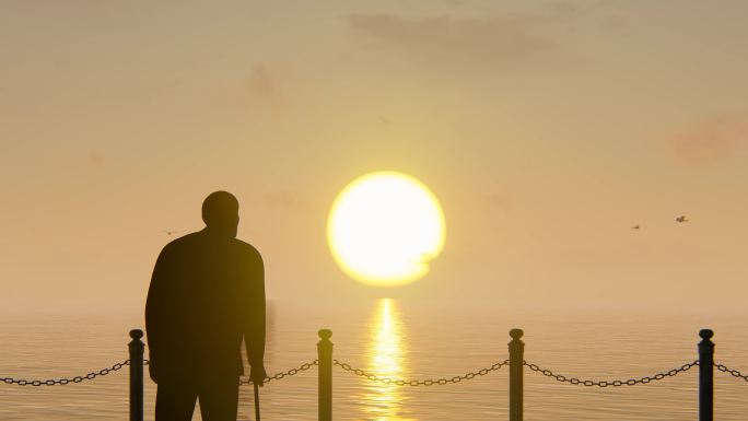 孤独老人海边看夕阳
