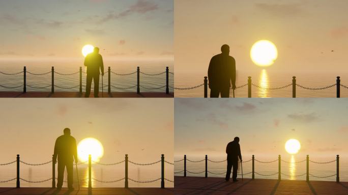 孤独老人海边看夕阳