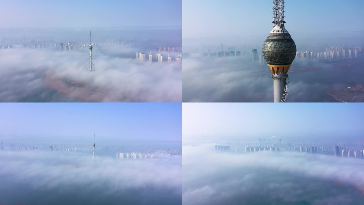4K原创航拍临沂市沂河三河口平流雾风景