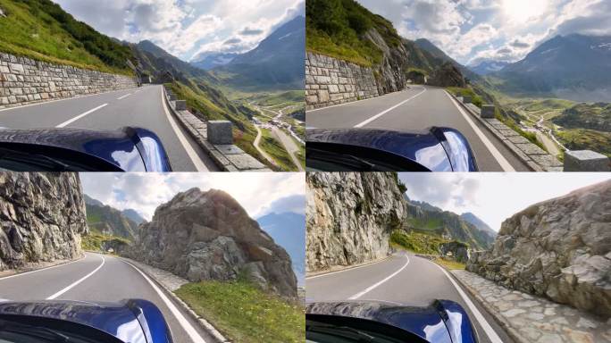 在晴朗的天气里，在空旷的山路上驾驶汽车穿过风景如画的风景