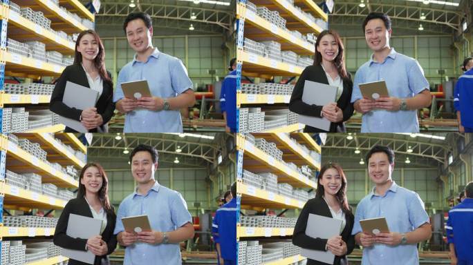 亚洲商界男女在制造厂工作的肖像。吸引人的工厂工程师在工厂仓库正式加工产品，然后开心地看着相机。