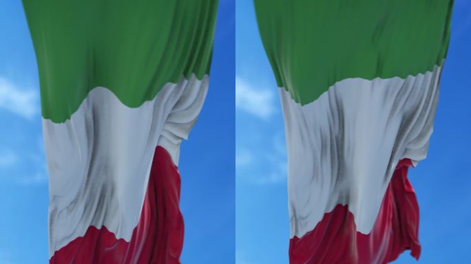垂直意大利国旗在4K分辨率的蓝天下缓缓飘扬