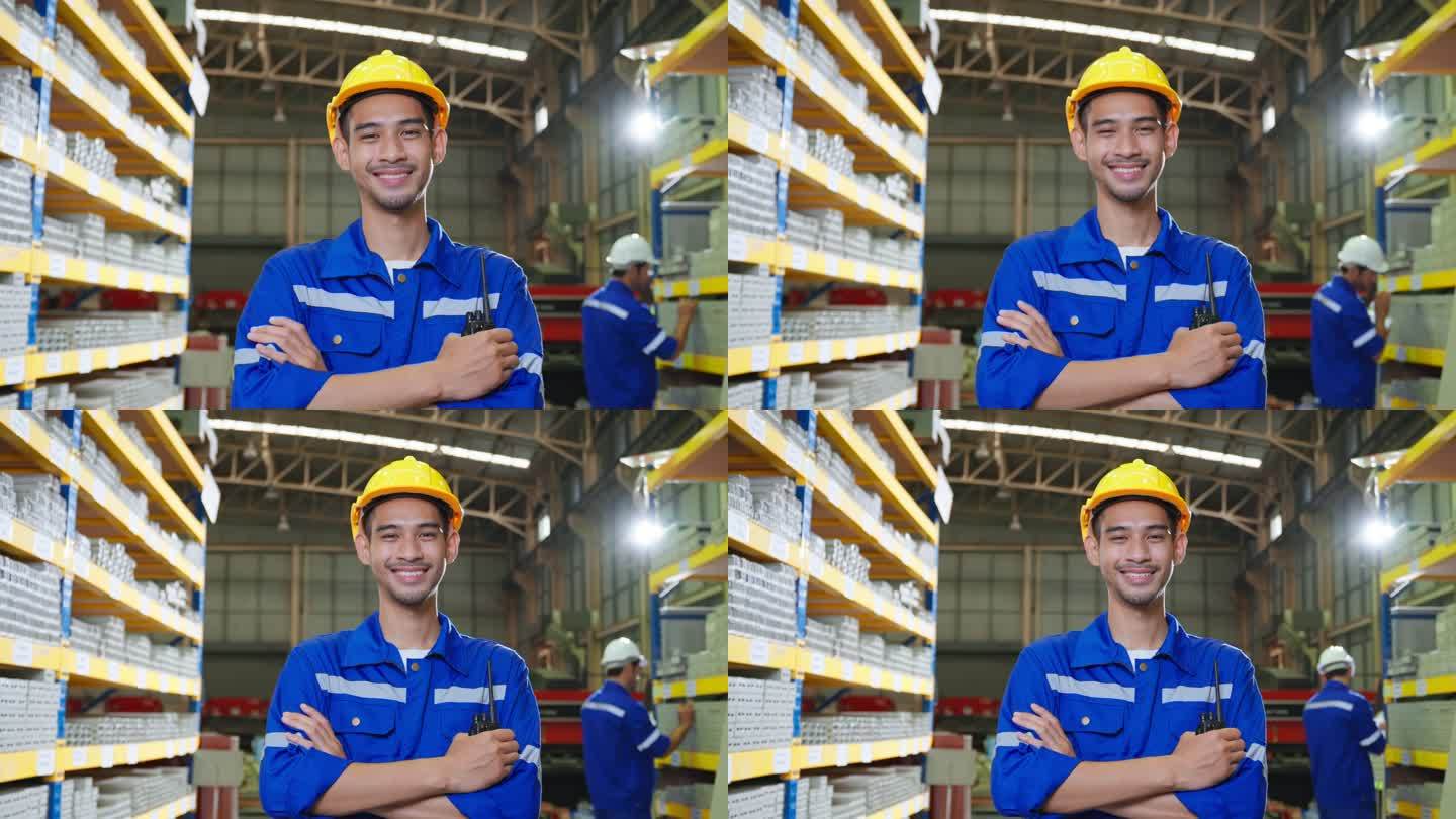 亚洲男性工业工人在工厂仓库工作的肖像。迷人的年轻人工业工程师在制造厂独自处理订单和产品，然后微笑着看