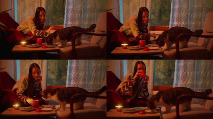 在寒冷的冬夜，女人和她的猫在家里度过舒适的放松时光