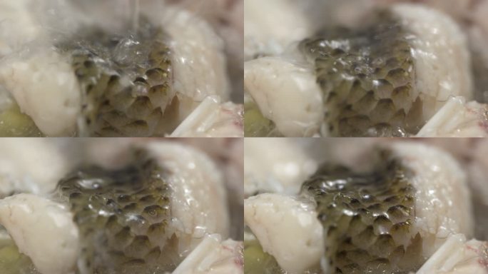 升格慢动黄鲷鱼炖青蛤汤汁浇在鱼肉上