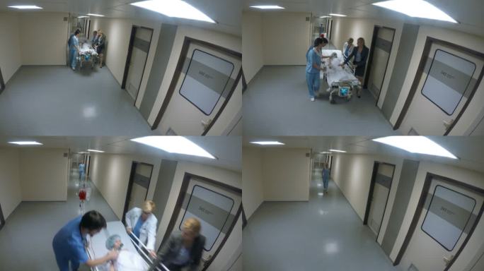 POV医疗队沿着走廊推着担架和一名儿童患者