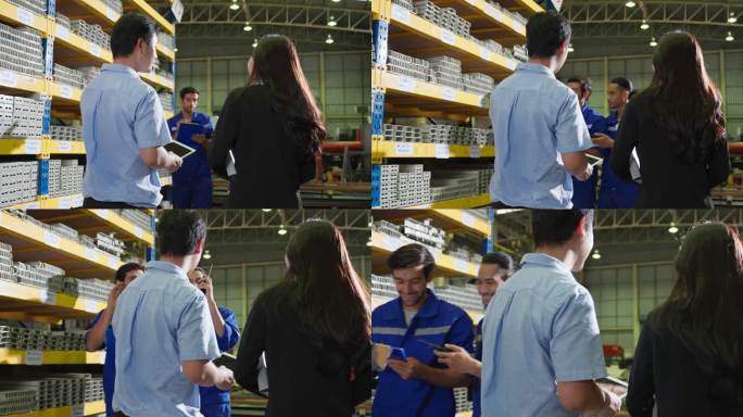 亚洲女商人与合伙人在工业制造厂工作。有吸引力的工业工厂工程师在工厂仓库里愉快地处理订单和产品。
