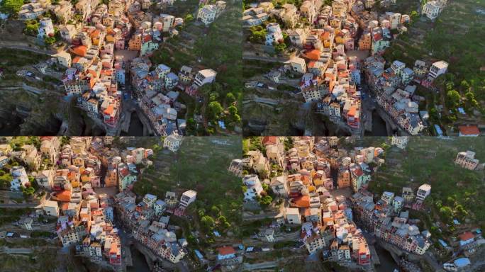 意大利利古里亚著名地标五渔村里奥马焦雷市的空中无人机日出场景。欧洲旅游目的地。联合国教科文组织世界遗