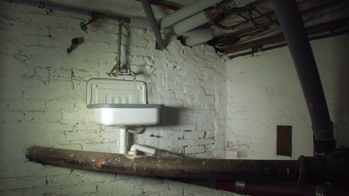 带水槽和管道的黑暗地下室