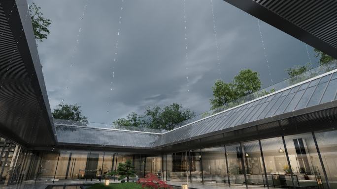 三维 新中式院子阴雨动态天  万能镜头