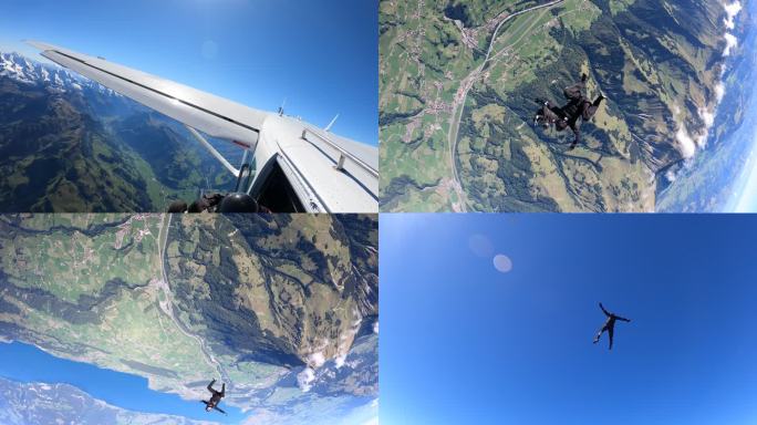 跳伞者从飞机上降落在瑞士山区