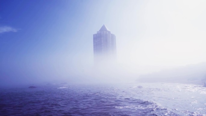 海市蜃楼 青岛 青岛海边大雾天气海市蜃楼