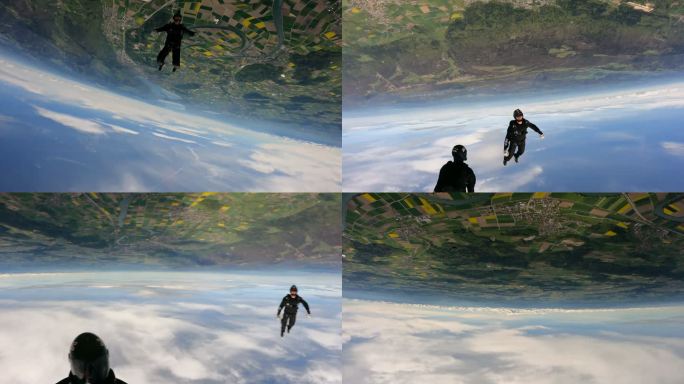 跳伞者在瑞士乡村景观上空翱翔