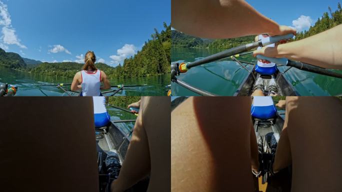 POV女子双桨运动员在队友身后划水