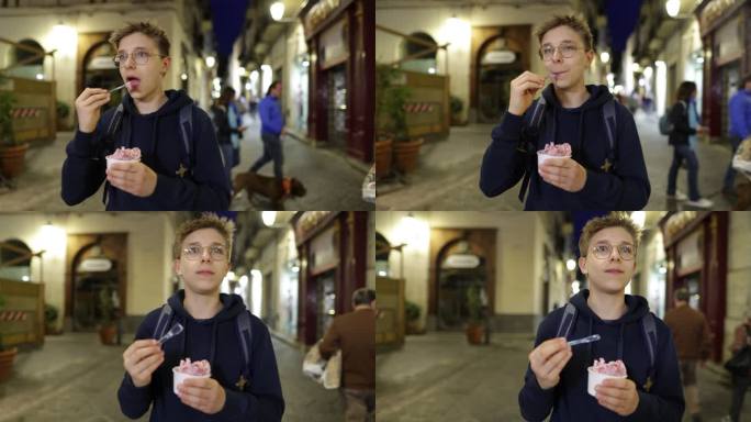 在西西里岛的塞法鲁镇，十几岁的男孩正在享用一杯冰淇淋